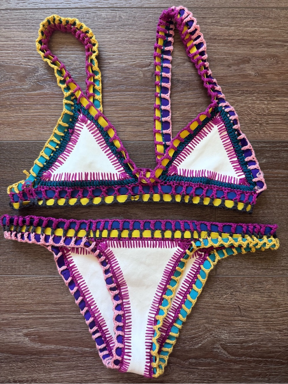 KIINI Crochet Trim White Bikini with Pink, Yellow, Teal & Purple Accents (Small)